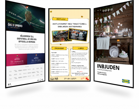 DIgital signage eller informationsskärm hos en av PLAYipps kunder. I detta fall en liggande skärm som används för att visa bokningsalternativ till en konferensanläggning inom hotellbranschen.