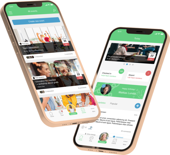 En bild från vår produkt PLAYipp Connect. Vi ser vår dashboard samt vår feature events. Båda är exempel på funktioner för framgångsrik medarbetarkommunikation.