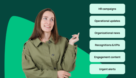 woman standing beside a list of comms points