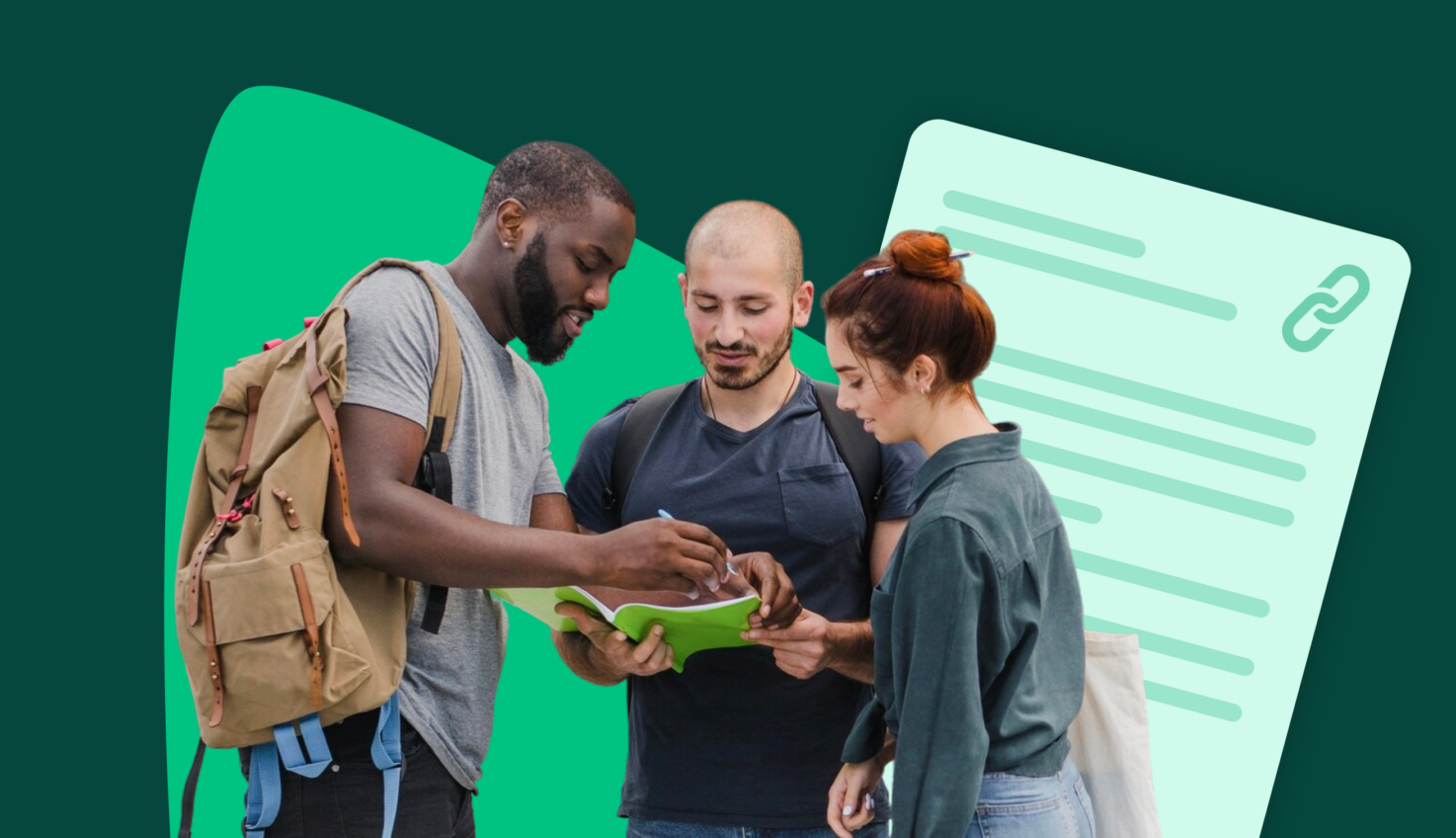 3 students around a huddle discussing