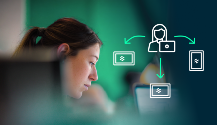 Woman in profile working next to cms publishing icons