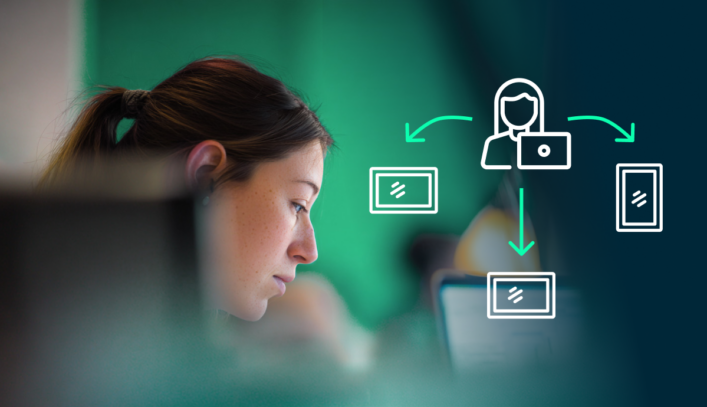 Woman in profile working next to cms publishing icons